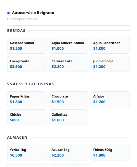 Catálogo de productos de un kiosco visto desde el celular del cliente