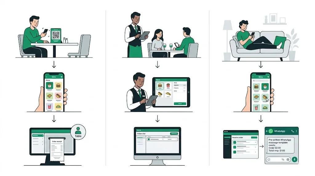 Vista de los canales por los que entran pedidos: WhatsApp, web, salón y delivery
