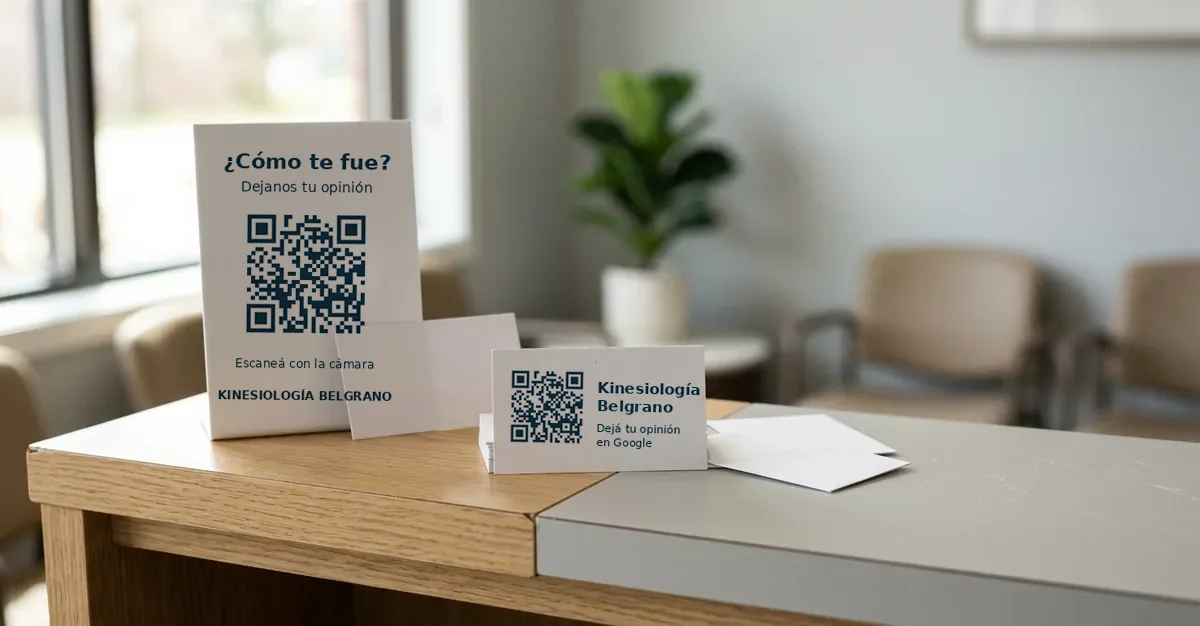 Cartel de mostrador y tarjetas con código QR de un consultorio, impresos y apoyados sobre el mostrador de una recepción